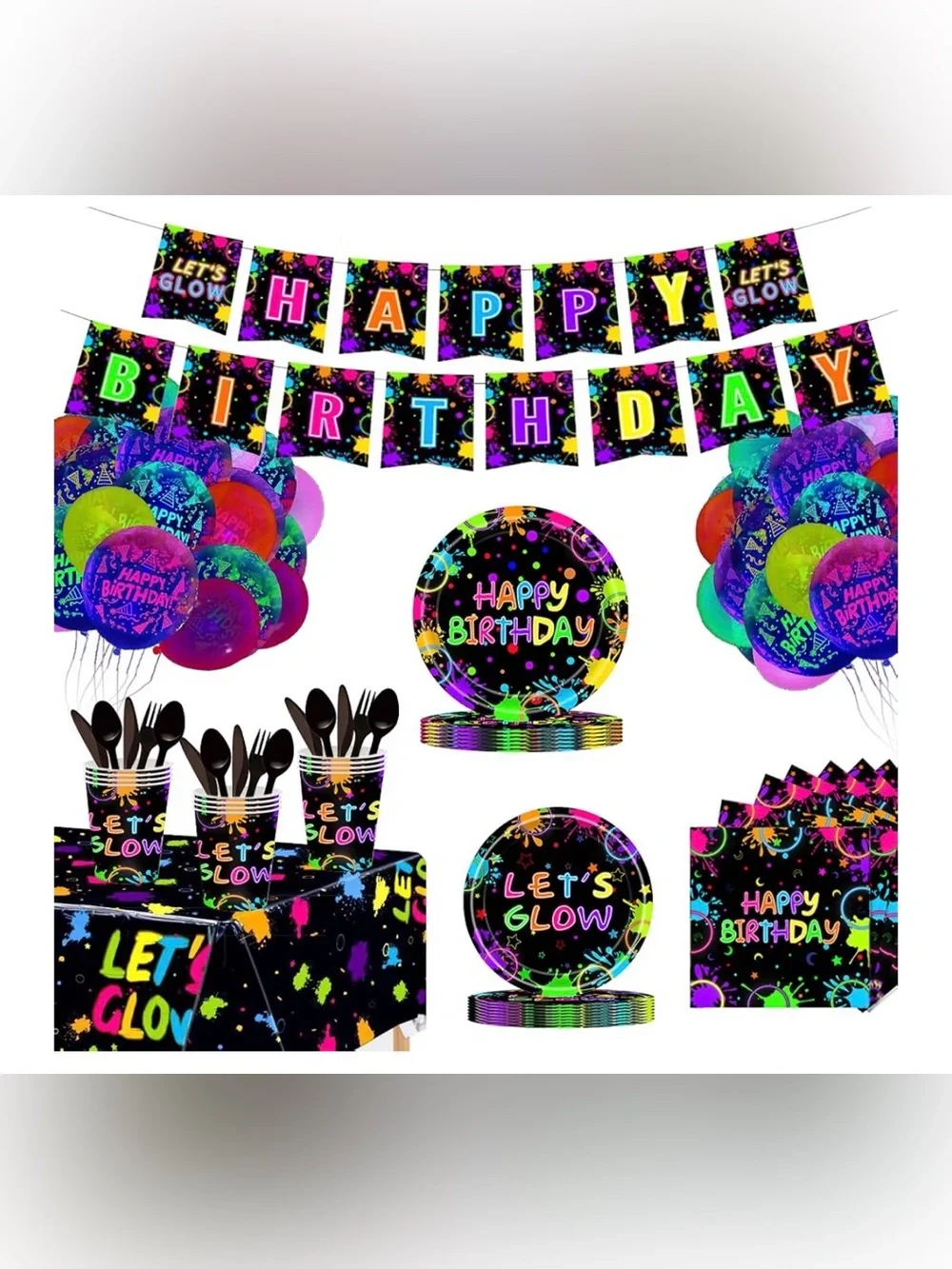 Neon Glow Happy Birthday Party Kit - Black Multi